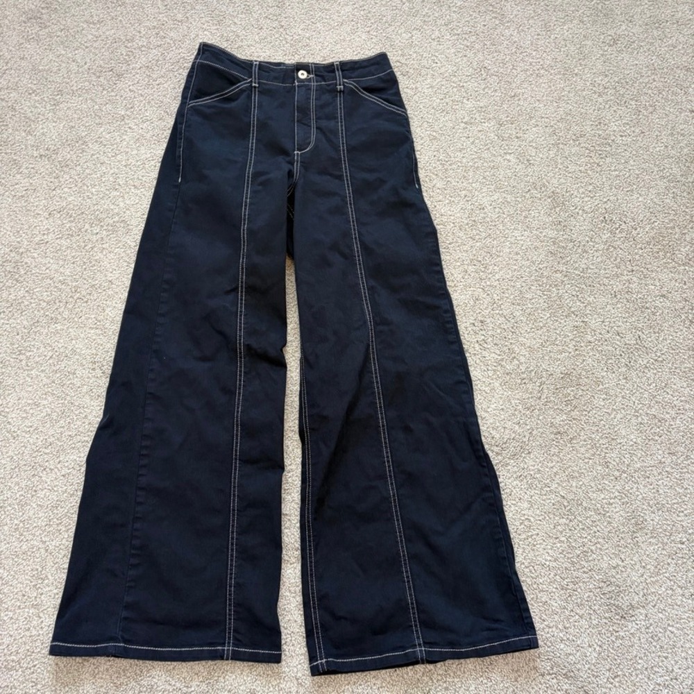 Maeve Anthropologie Delaney Clean Seamed Pants Womens 28 Navy Blue Wide Leg